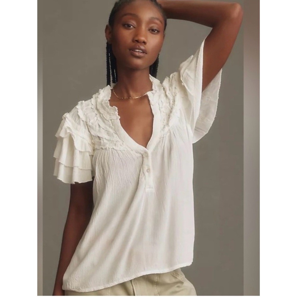Maeve Blouse Womens Medium White Ruffle Sleeve V-Neck Gauze Top